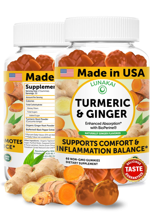 Lunakai turmeric gummies with ginger and BioPerine bottle supports absorption for daily use.