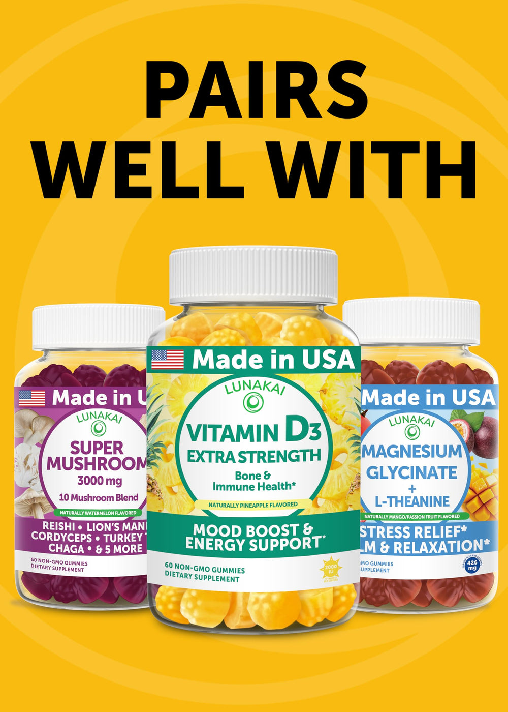 Lunakai turmeric-ginger gummies on travel bag for on-the-go convenience.