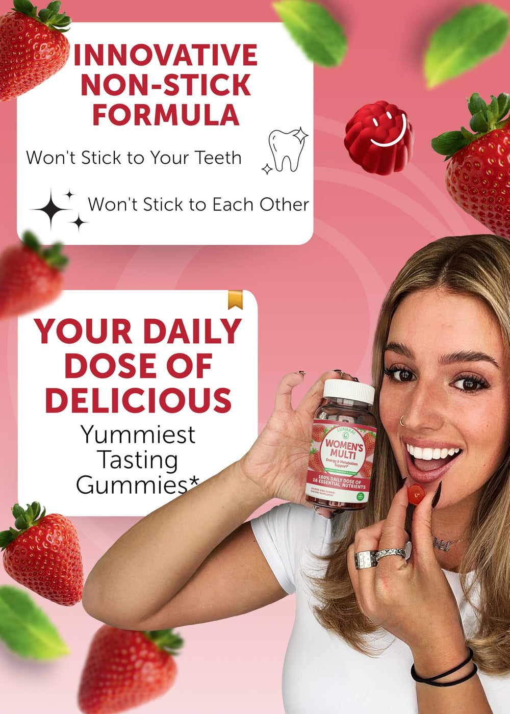 Lunakai women's multivitamin gummies jar showing 16 essential vitamins.