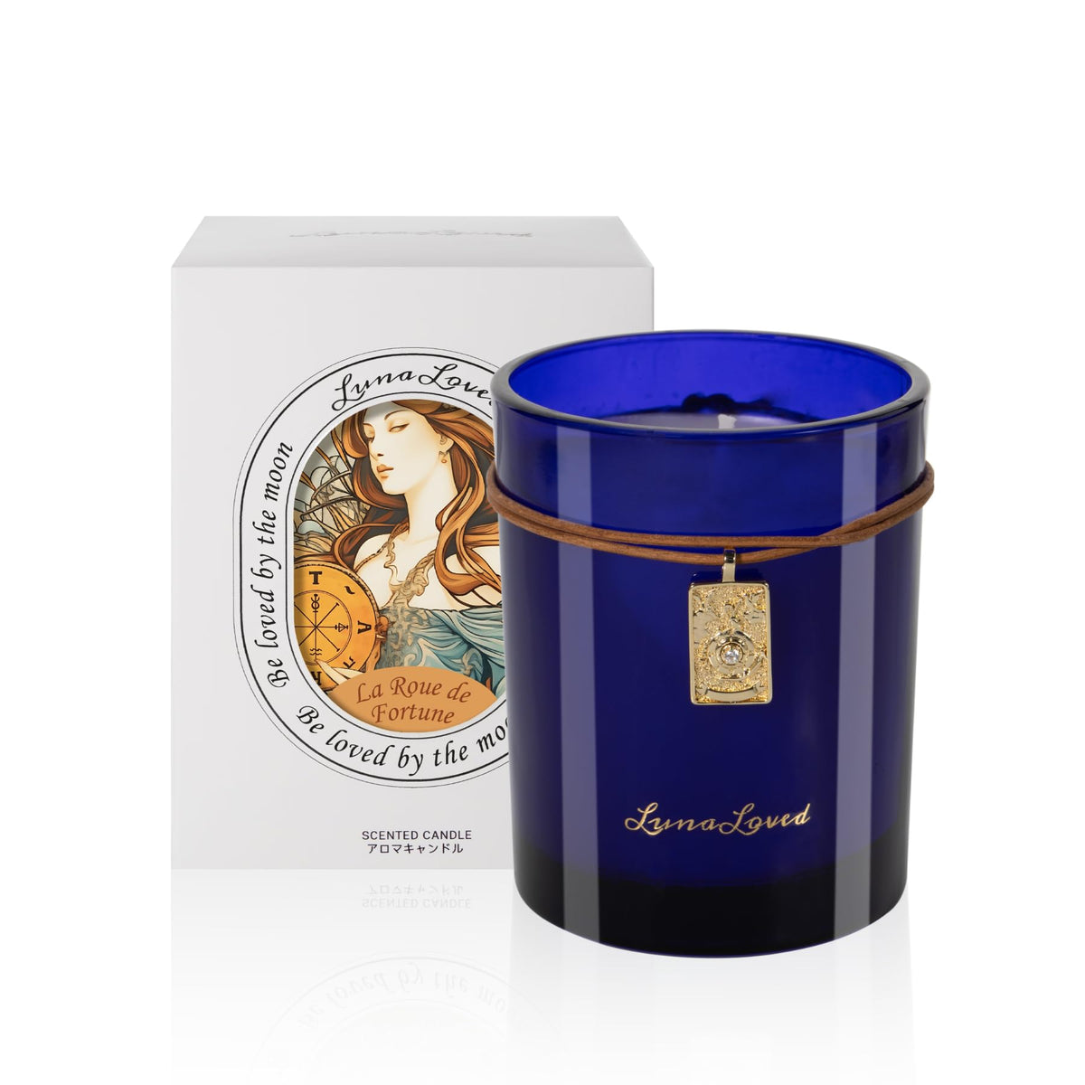 LunaLoved Wheel of Fortune blue glass candle enhances ambience with wood and citrus notes.
