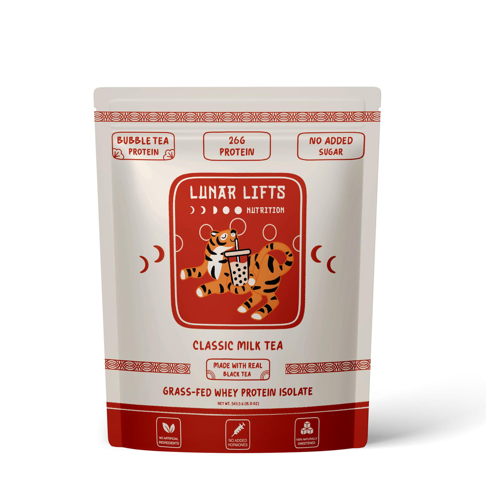 Lunar Lifts Nutrition Classic Milk Tea Boba Powder in a jar for authentic flavor and protein.