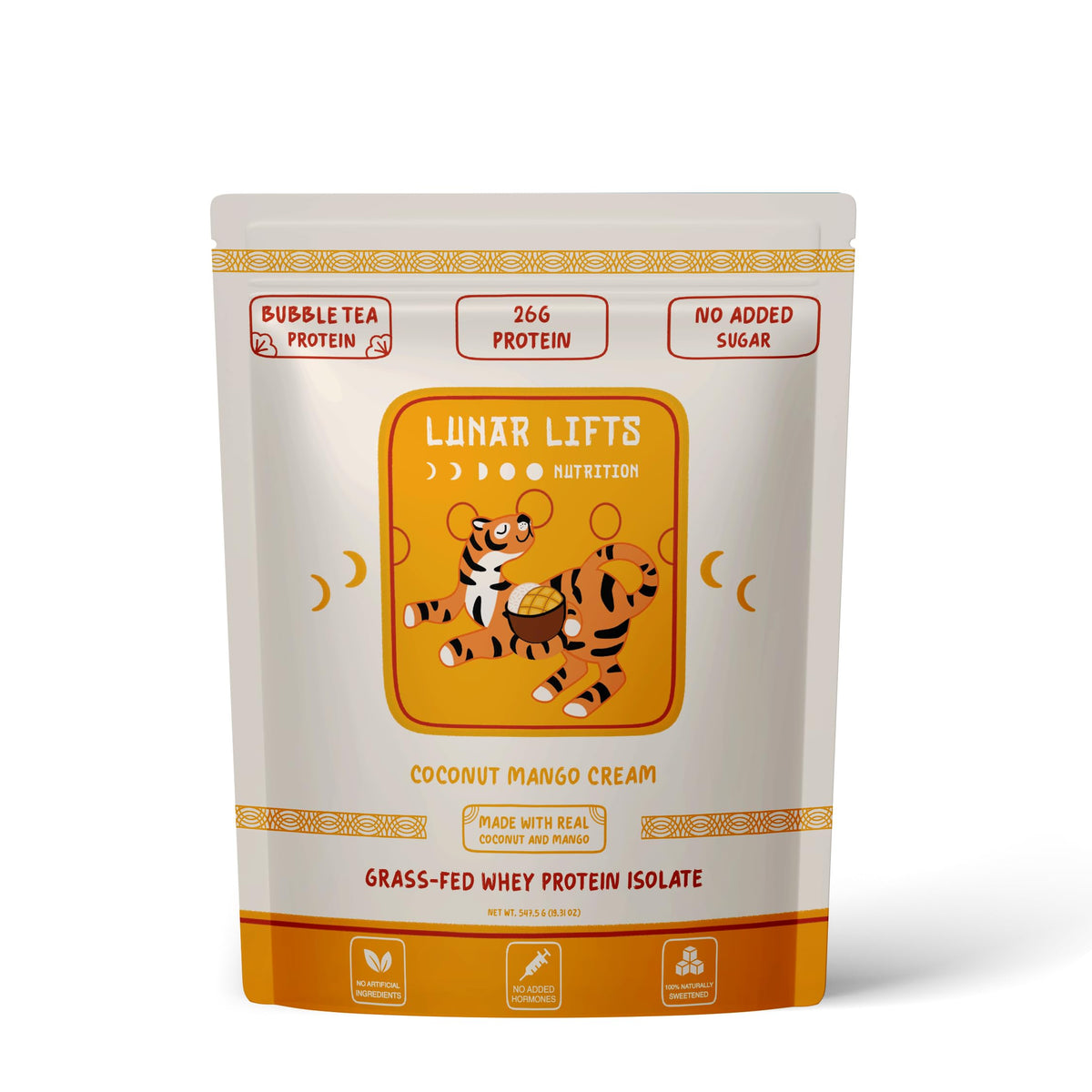 Lunar Lifts Coconut Mango Cream whey bag shows grass-fed protein for muscle support.