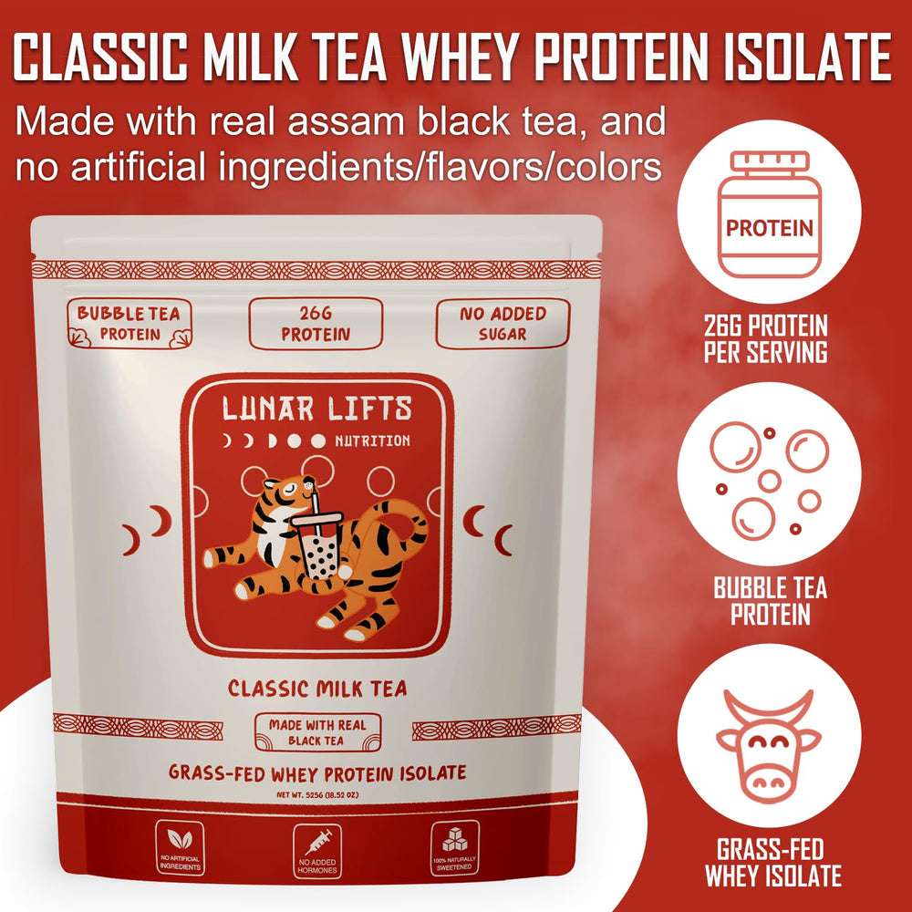 Lunar Lifts Grass-Fed Whey Isolate powder scoop dissolves smoothly in milk.