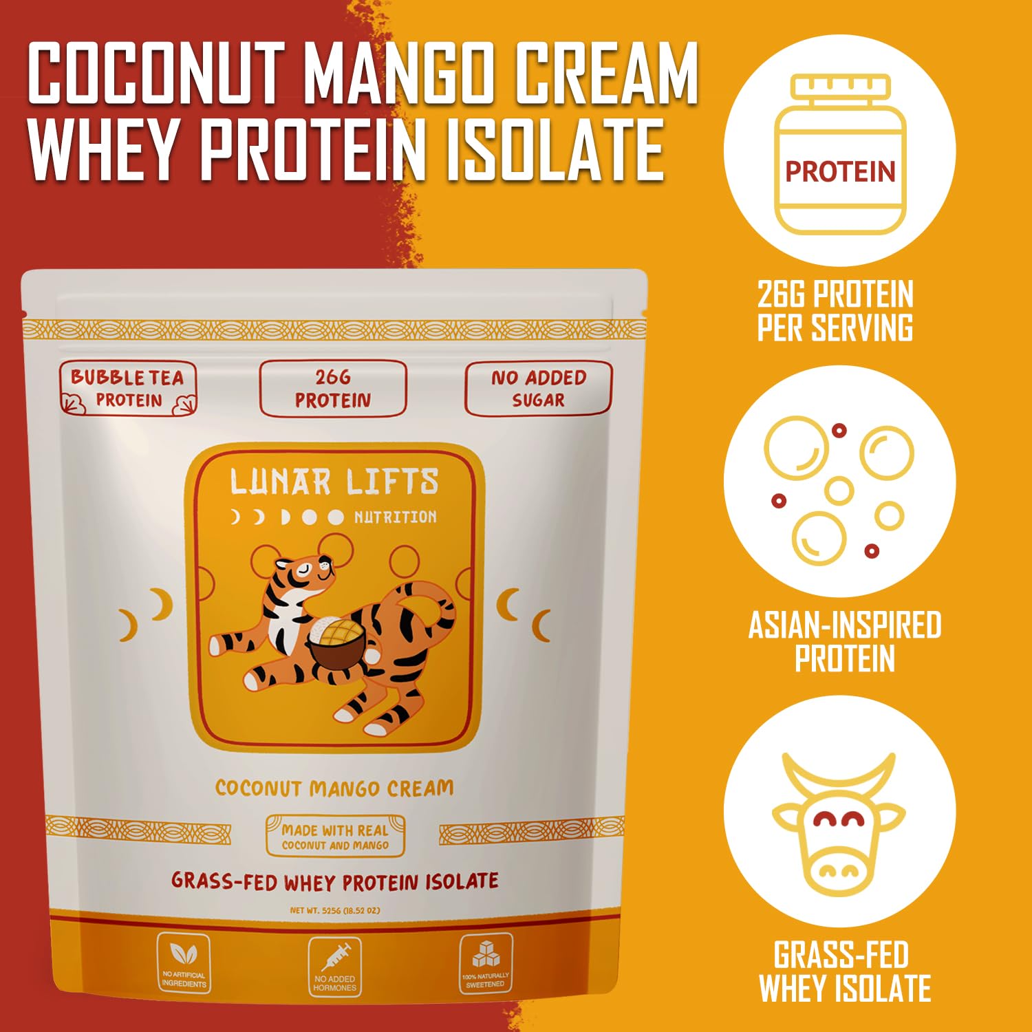 Lunar Lifts grass-fed whey isolate powder highlights 26 g protein per serving.