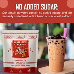 Lunar Lifts Post-workout shake in glass showcases lean calorie option.