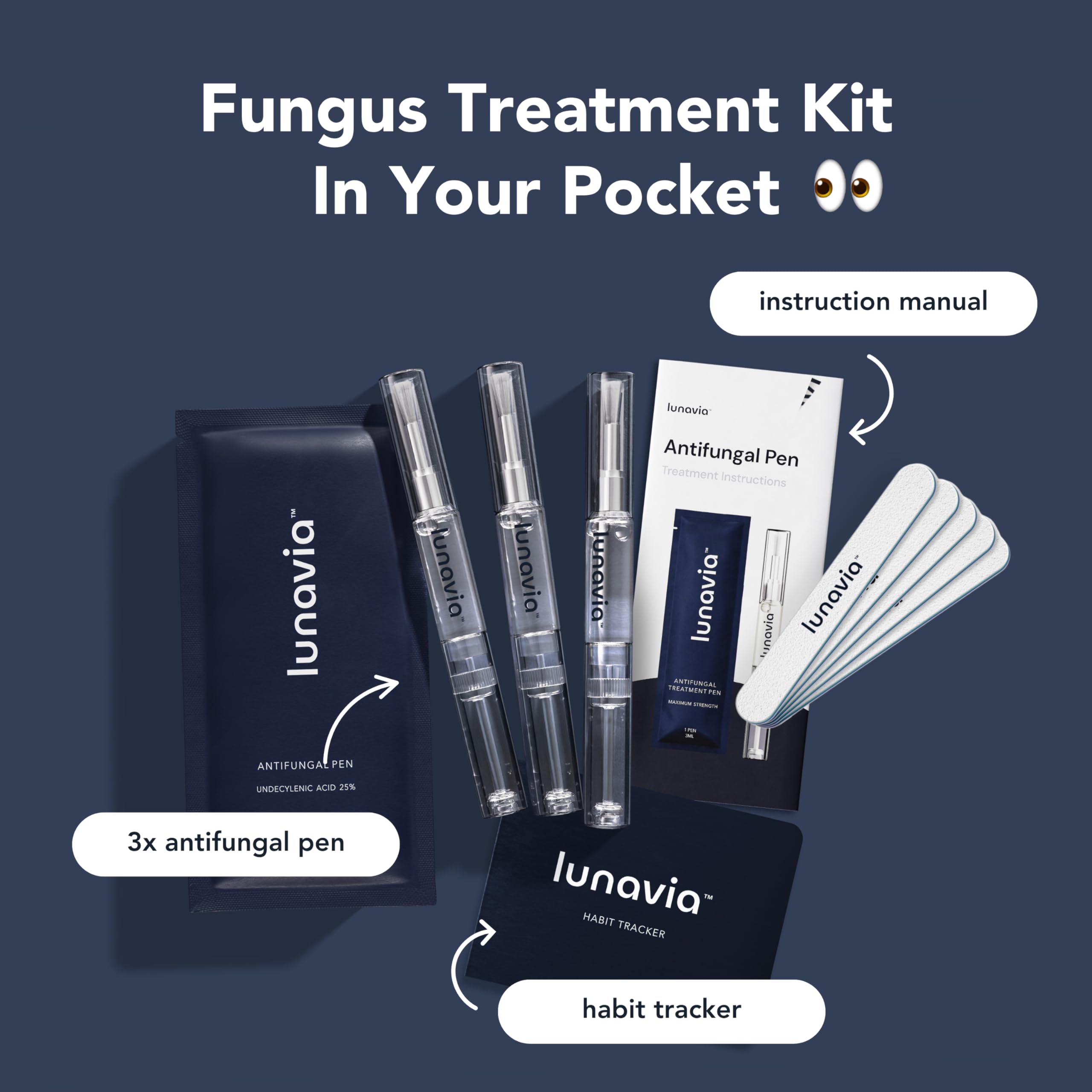 Lunavia Antifungal Pen bottle shows Tea Tree and Aloe botanicals for skin care.