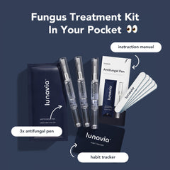Lunavia Antifungal Pen bottle shows Tea Tree and Aloe botanicals for skin care.
