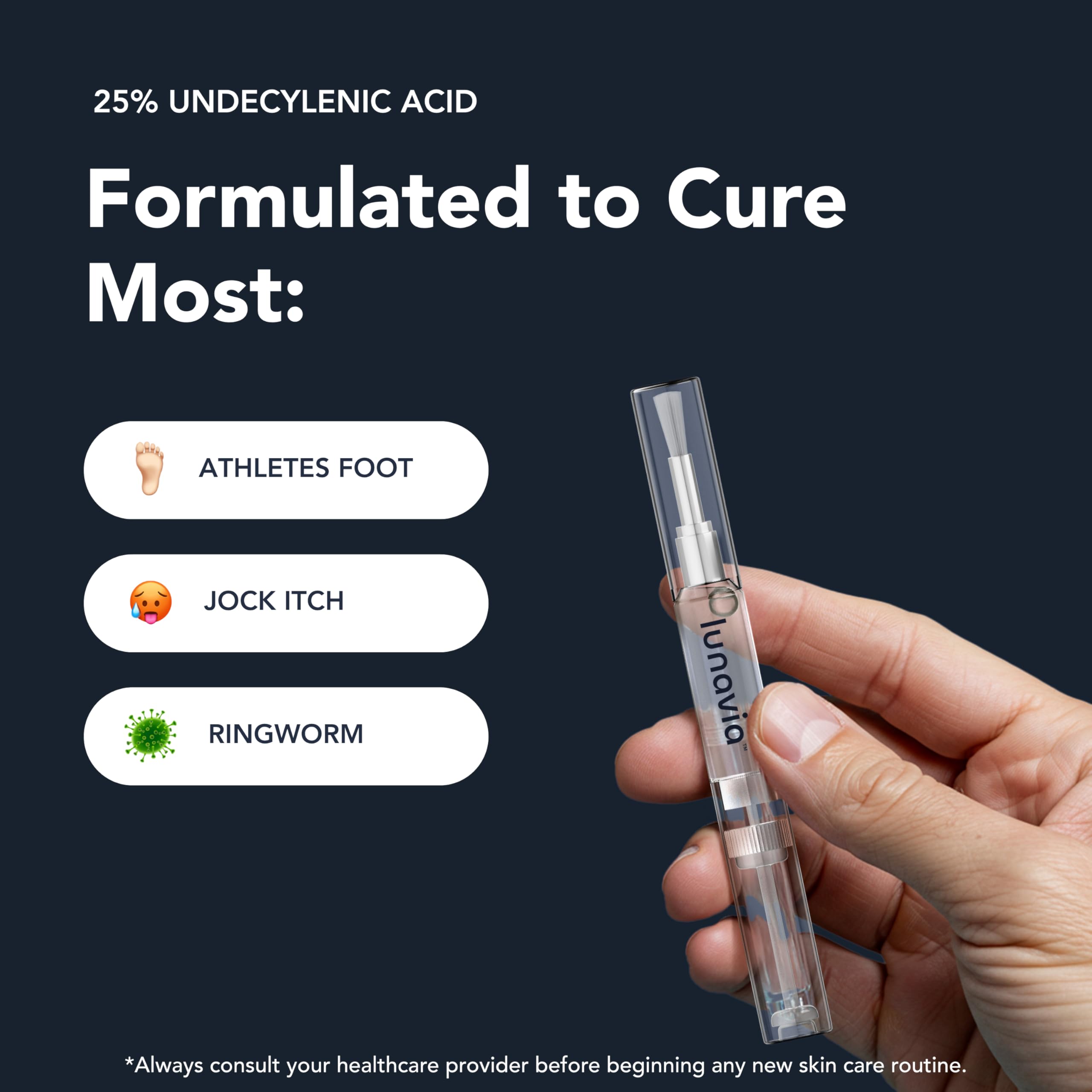 Lunavia Antifungal Pen bottle closeup shows compact, travel-ready packaging.