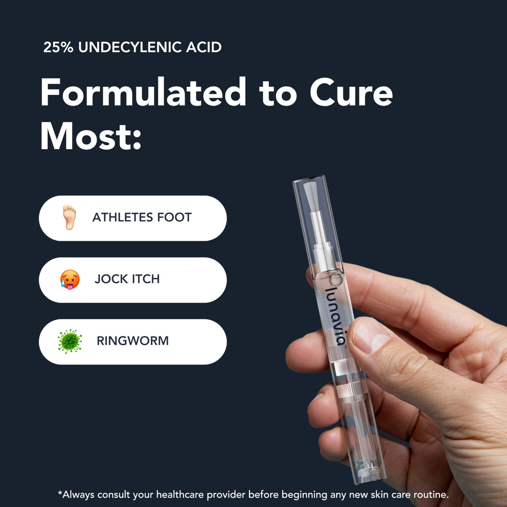 Lunavia Antifungal Pen bottle closeup shows compact, travel-ready packaging.