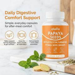 LUNESSA Elava Papaya Seeds Capsules peppermint and fennel for after-meal comfort.
