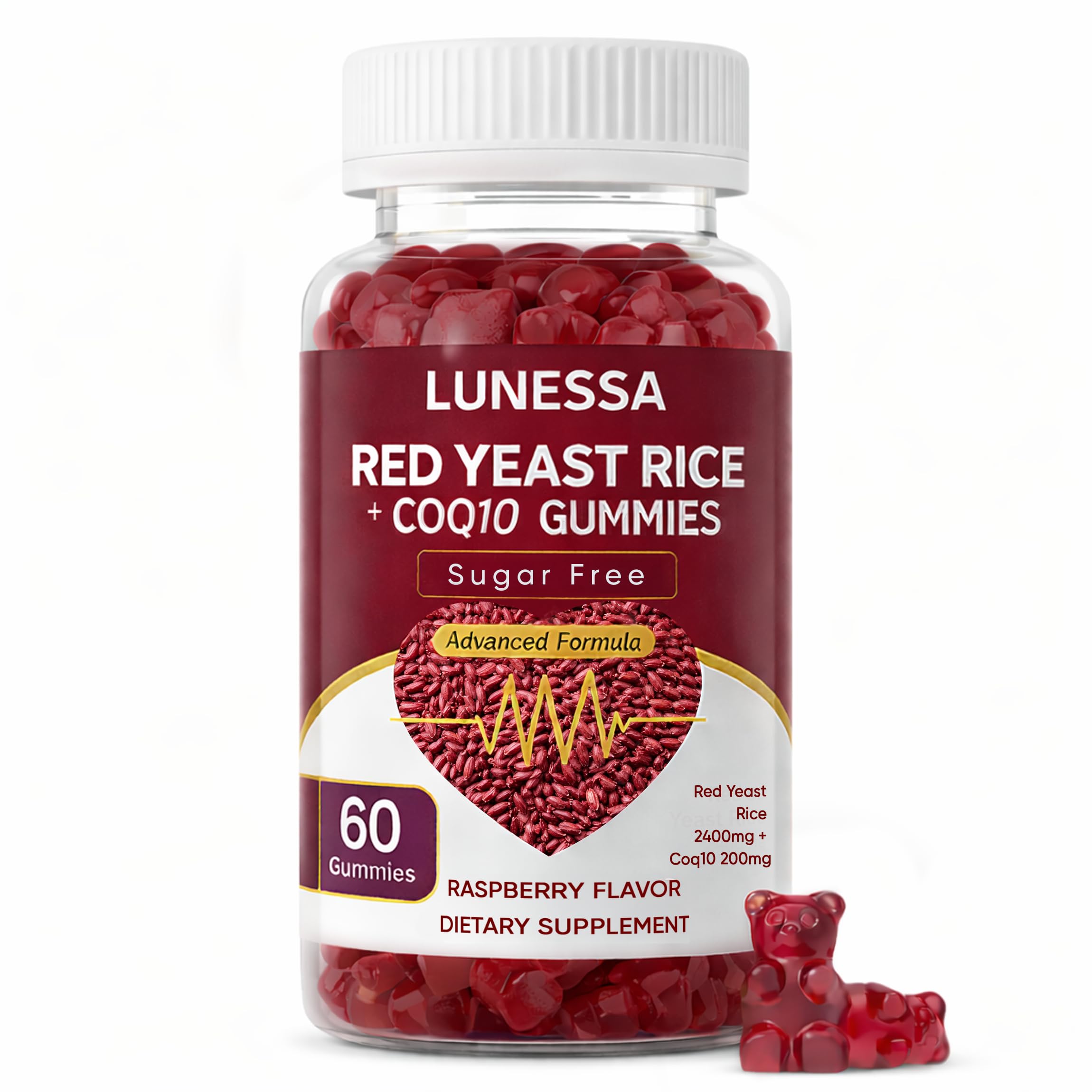 LUNESSA red yeast rice and CoQ10 gummies bottle with raspberry flavor for daily energy.