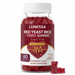 LUNESSA red yeast rice and CoQ10 gummies bottle with raspberry flavor for daily energy.