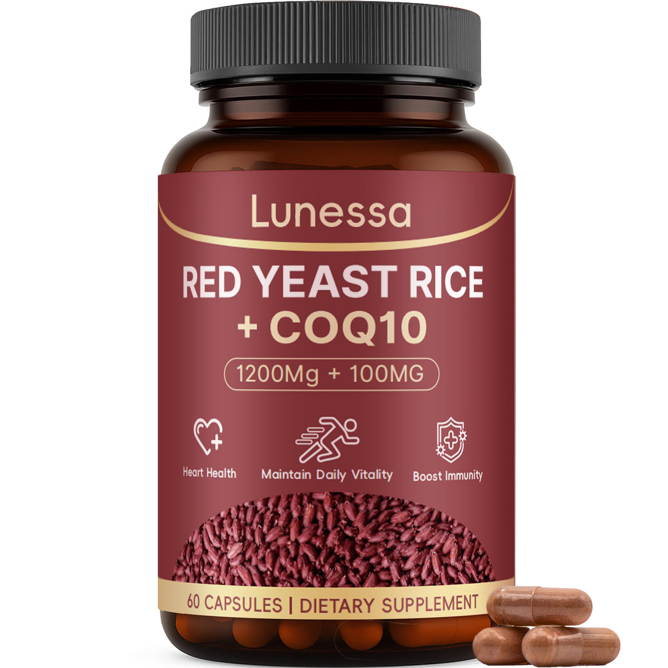 LUNESSA Red Yeast Rice bottle with capsules for daily heart health.
