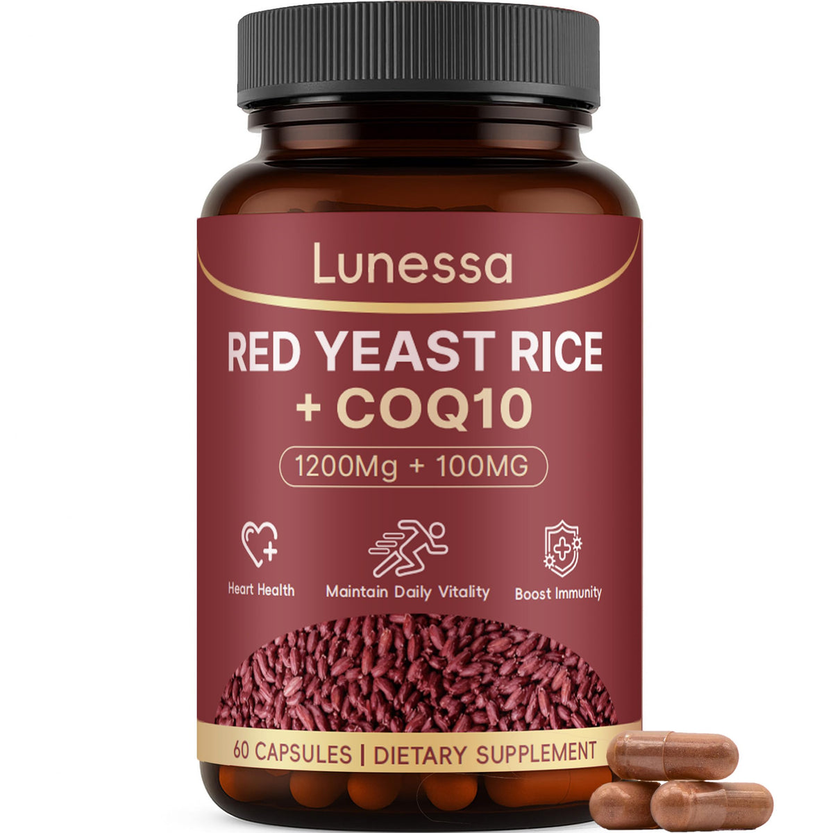 LUNESSA Red Yeast Rice bottle with capsules for daily heart health.