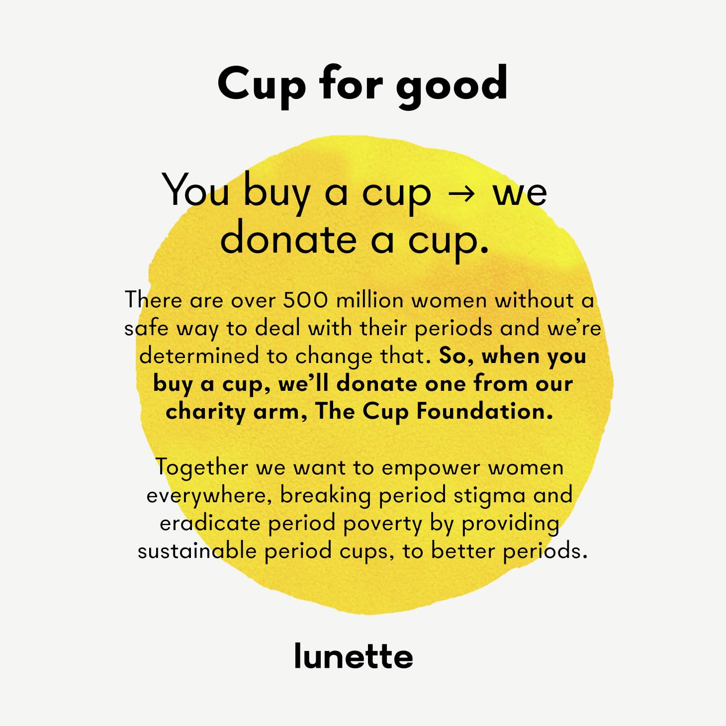 Lunette donation program featured with one-for-one impact.