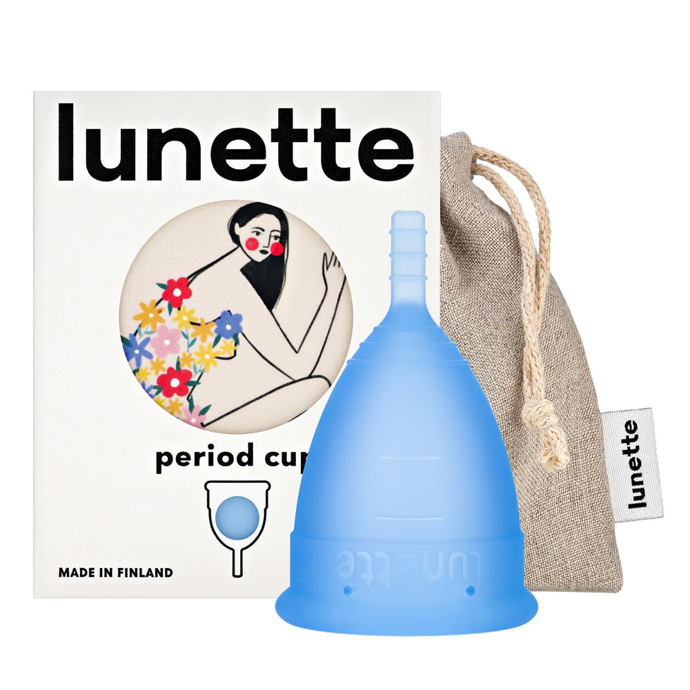 Lunette period cup blue front view shows soft silicone for comfortable wear.
