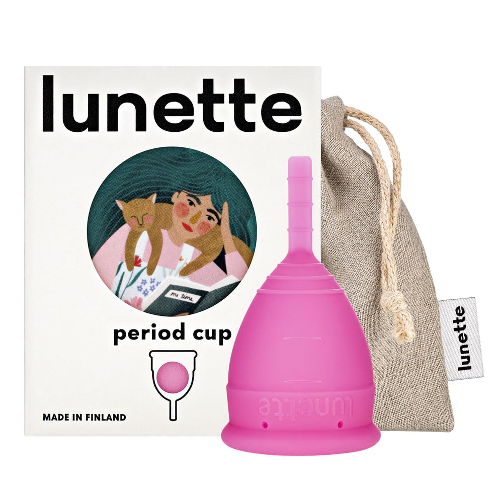 Lunette pink size 1 period cup in soft silicone for comfortable all-day wear.