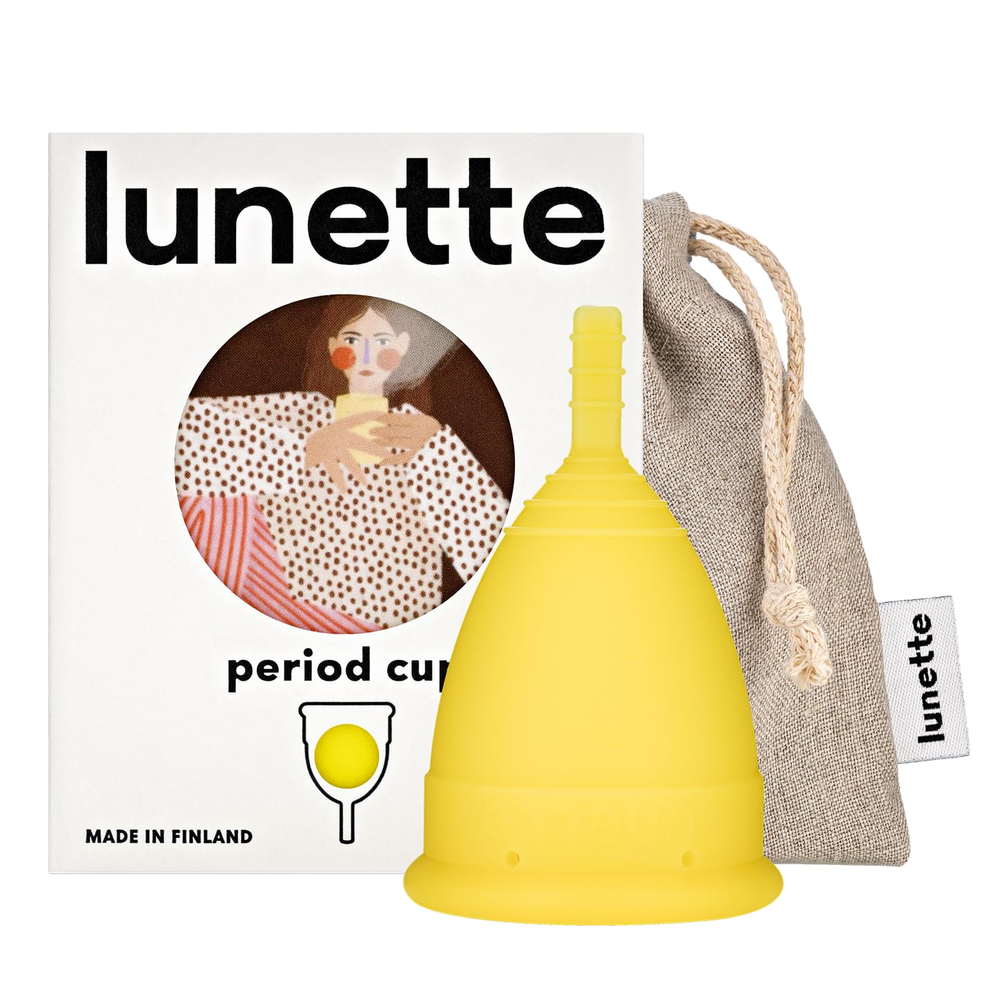 Lunette yellow size 2 packaging with reusable cup and linen pouch