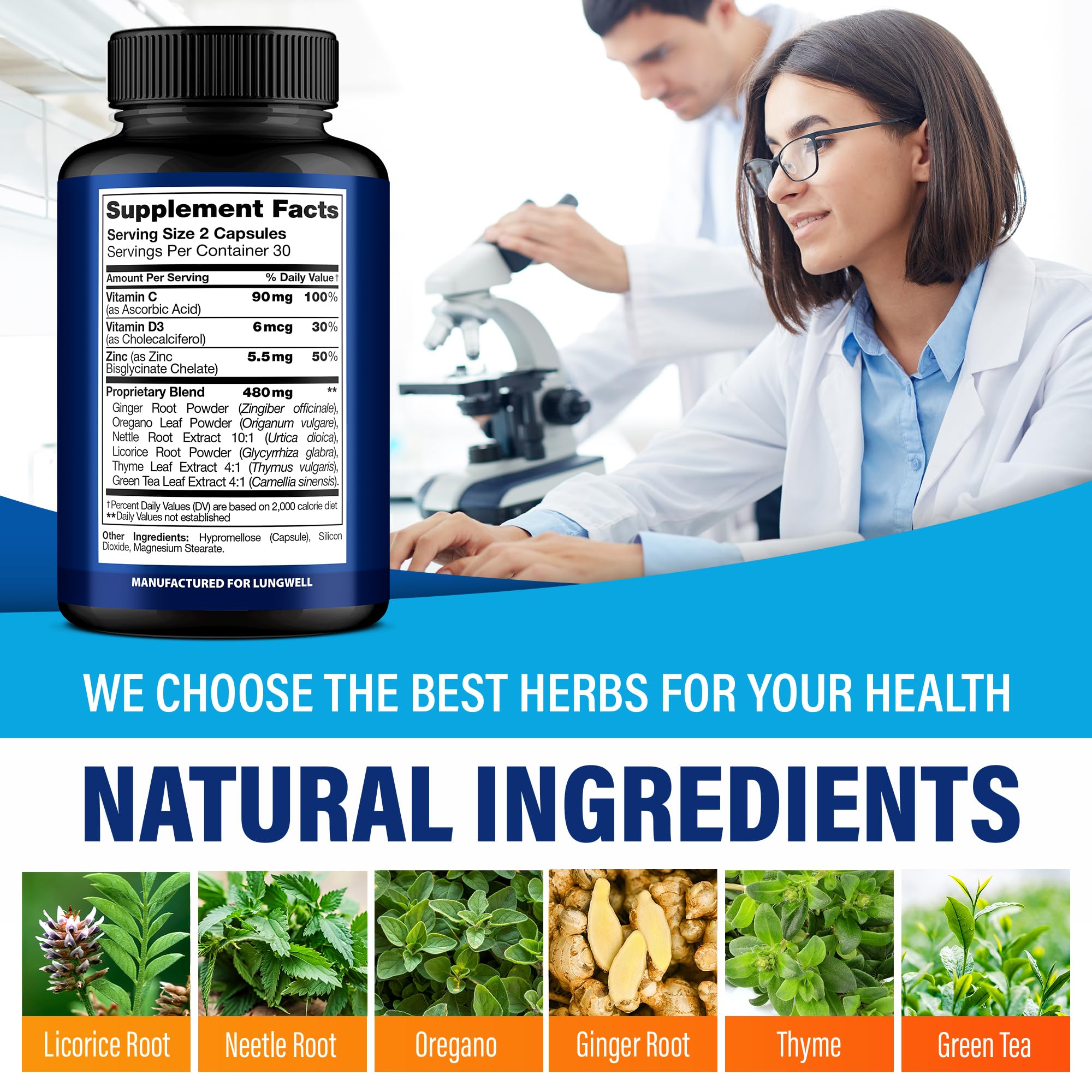 Lungwell Quit Smoking Aid packaging box shows USA-made quality and natural ingredients.