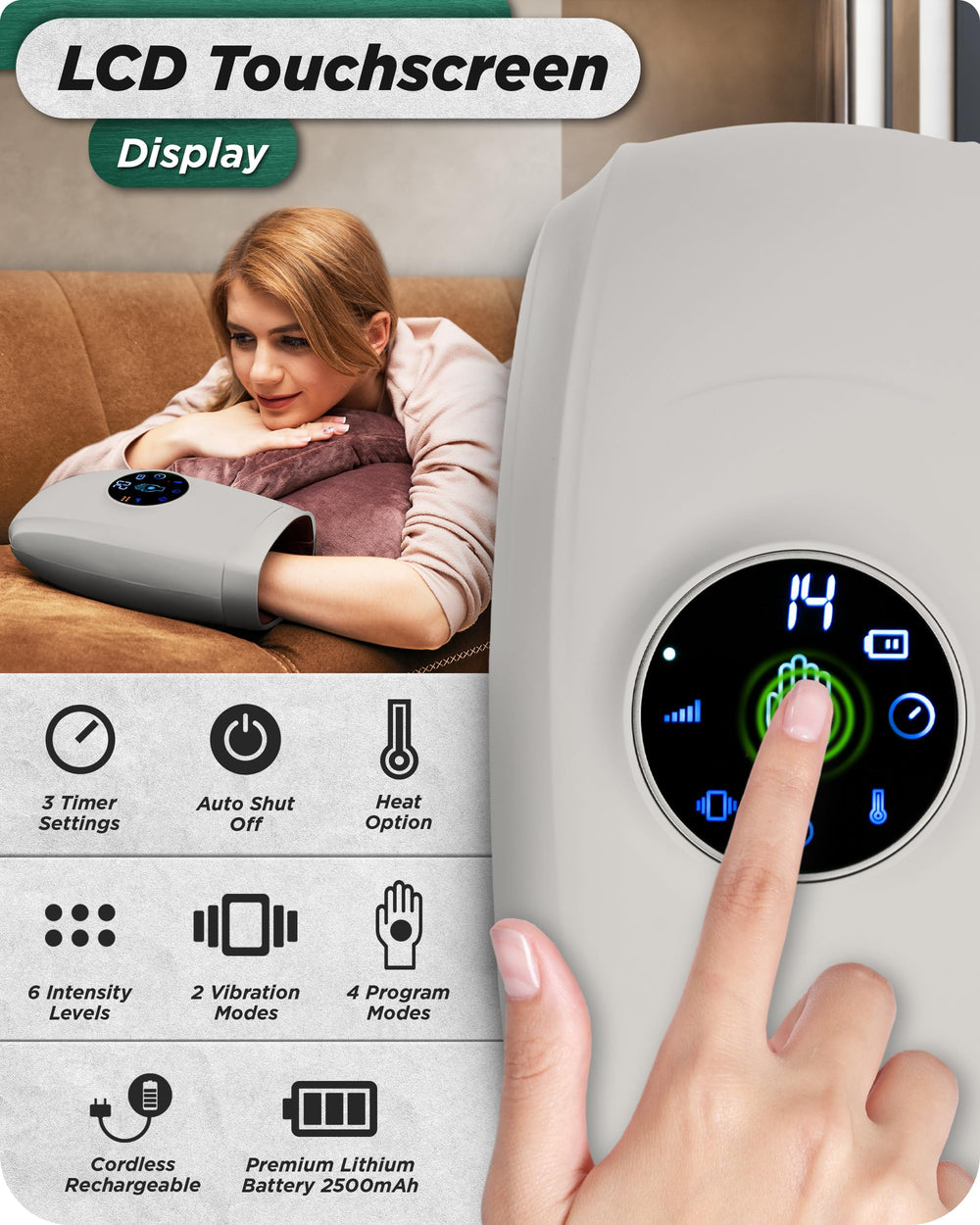 Lunix LX7 finger massage detail focusing on acupressure points