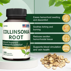Lunza Collinsonia Root bottle packaging highlights natural, non-GMO formula.