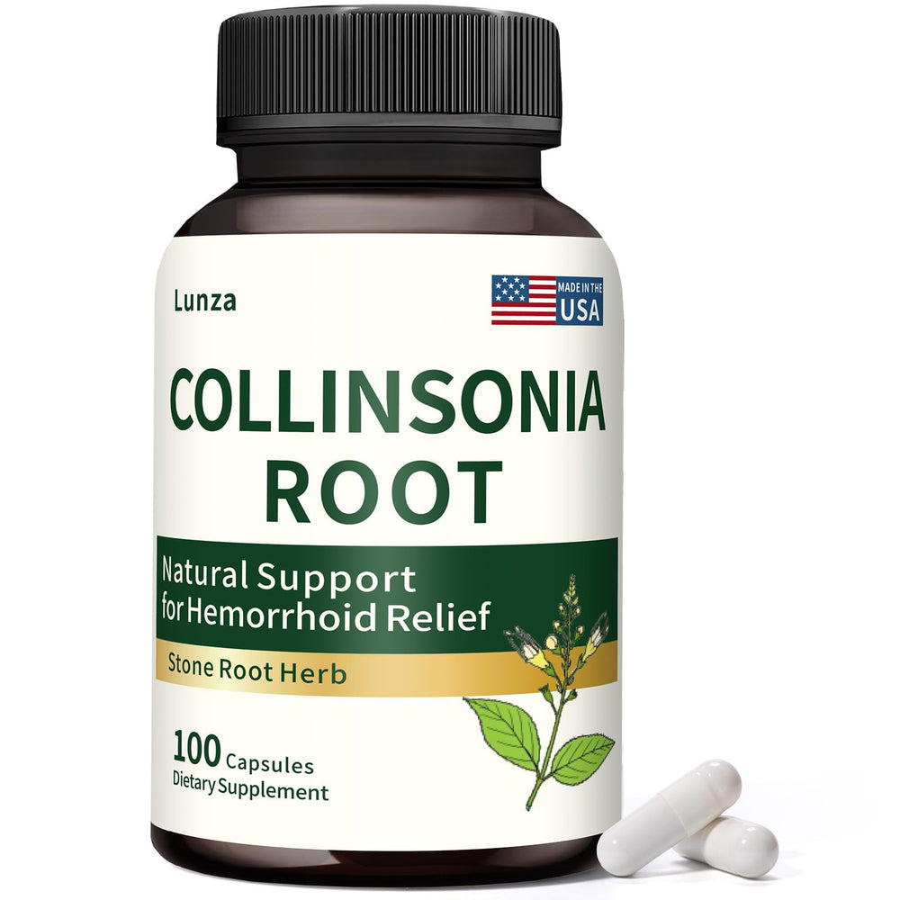 Lunza Collinsonia Root capsules close-up, supports healthy circulation.