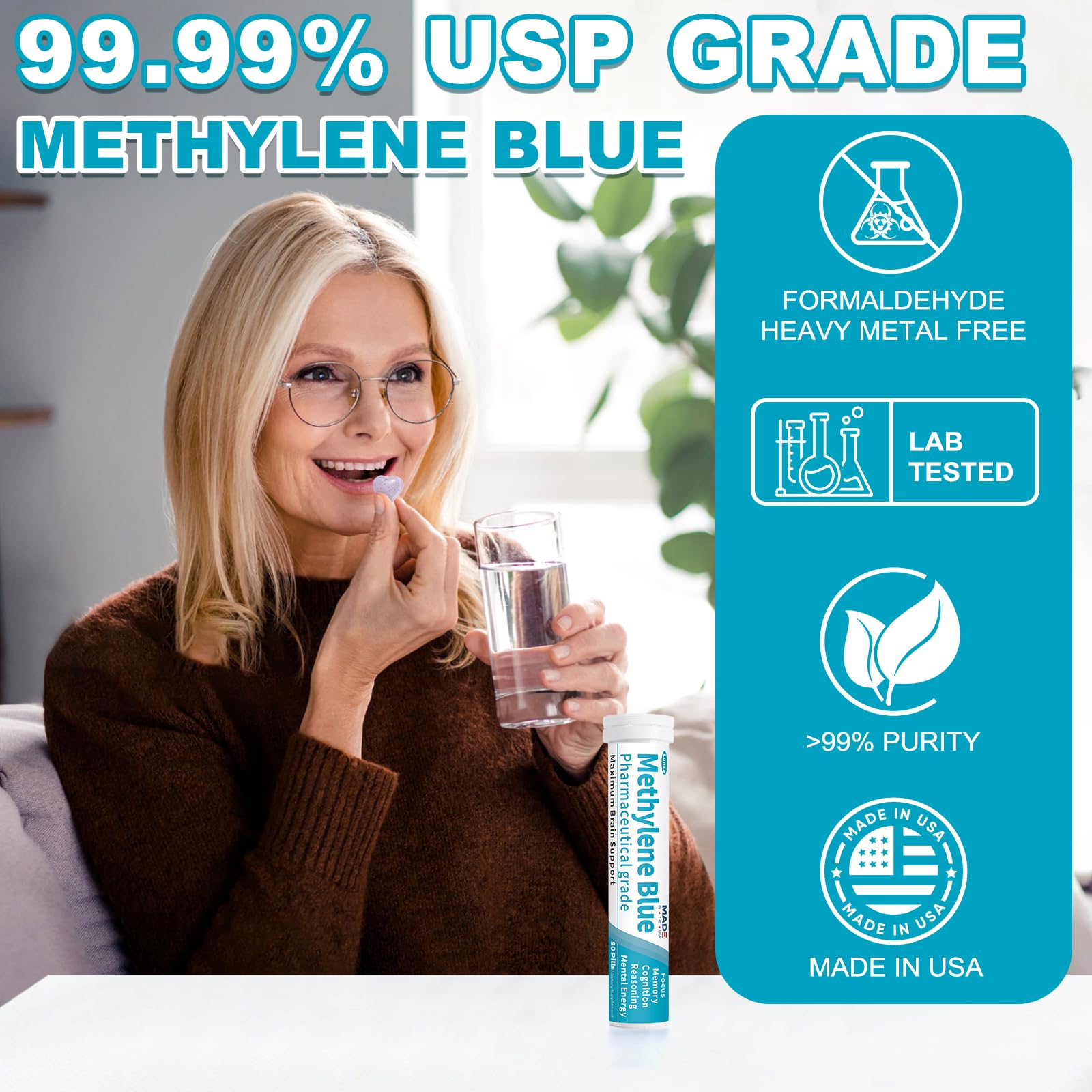 Lunza Methylene Blue tablets bottle on desk suggesting daily brain support routine.