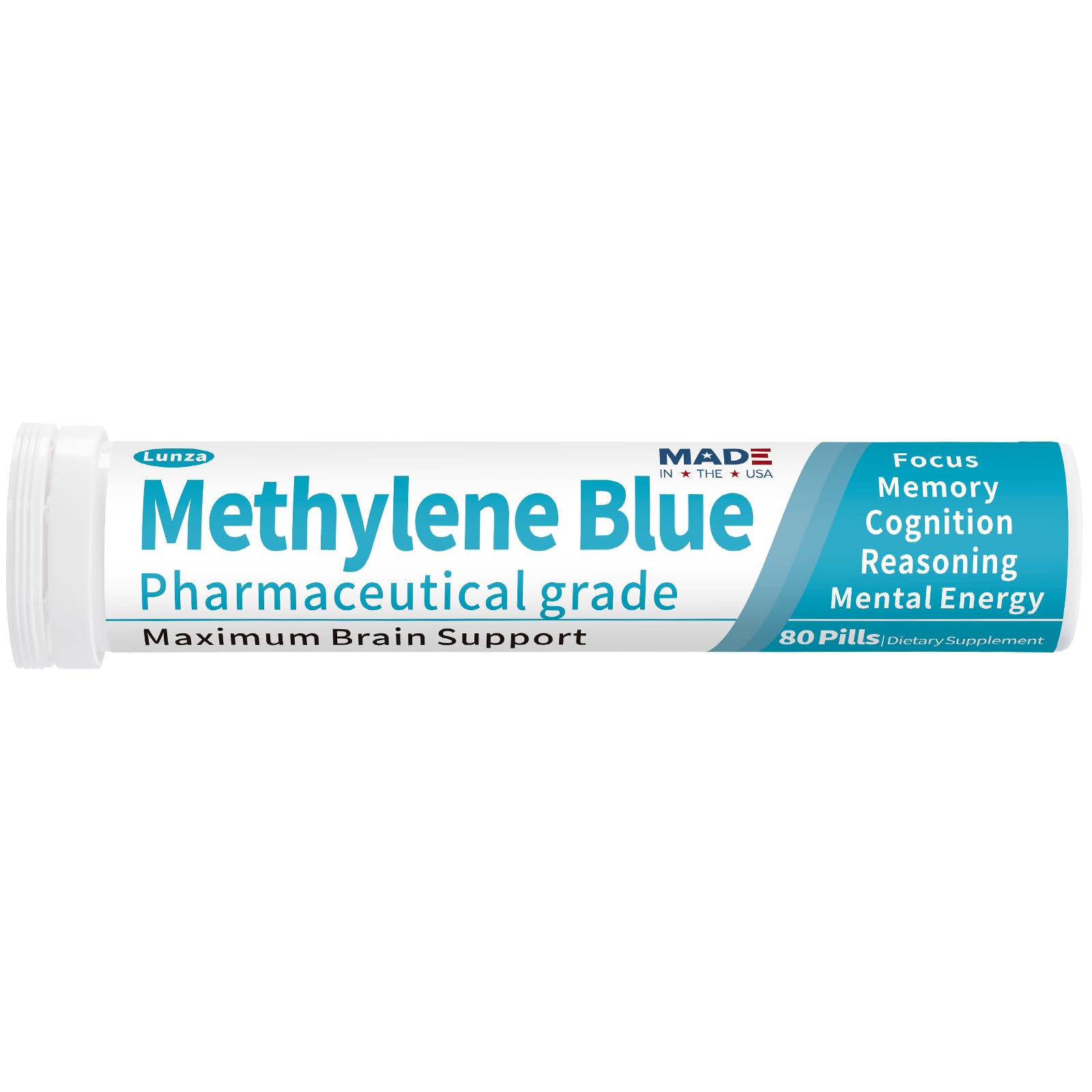 Lunza Methylene Blue tablets packshot highlighting the pharma-grade formula for cognitive support.