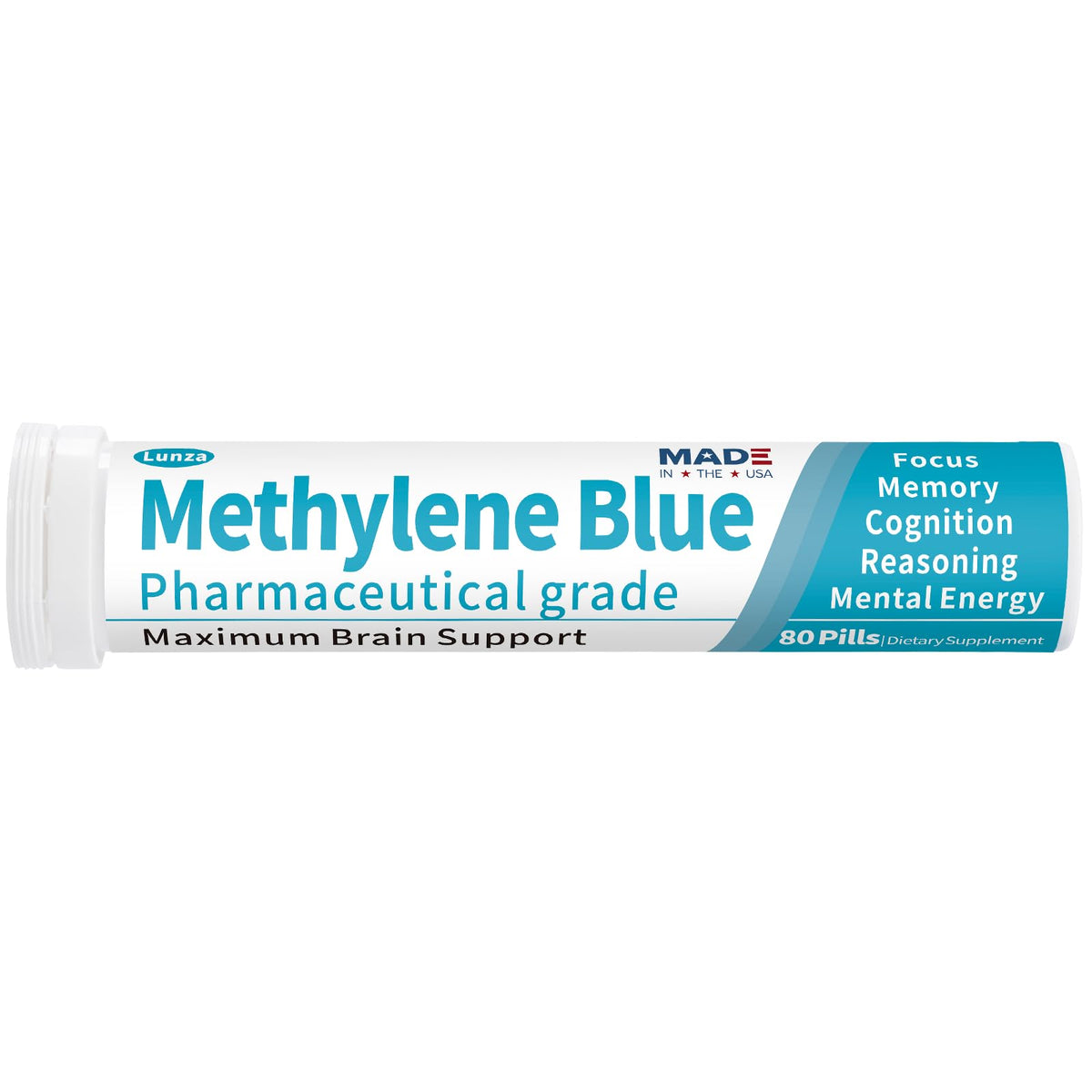 Lunza Methylene Blue tablets packshot highlighting the pharma-grade formula for cognitive support.