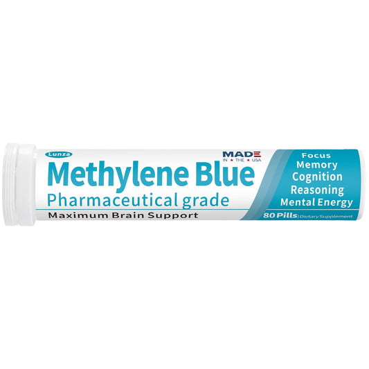 Lunza Methylene Blue tablets packshot highlighting the pharma-grade formula for cognitive support.