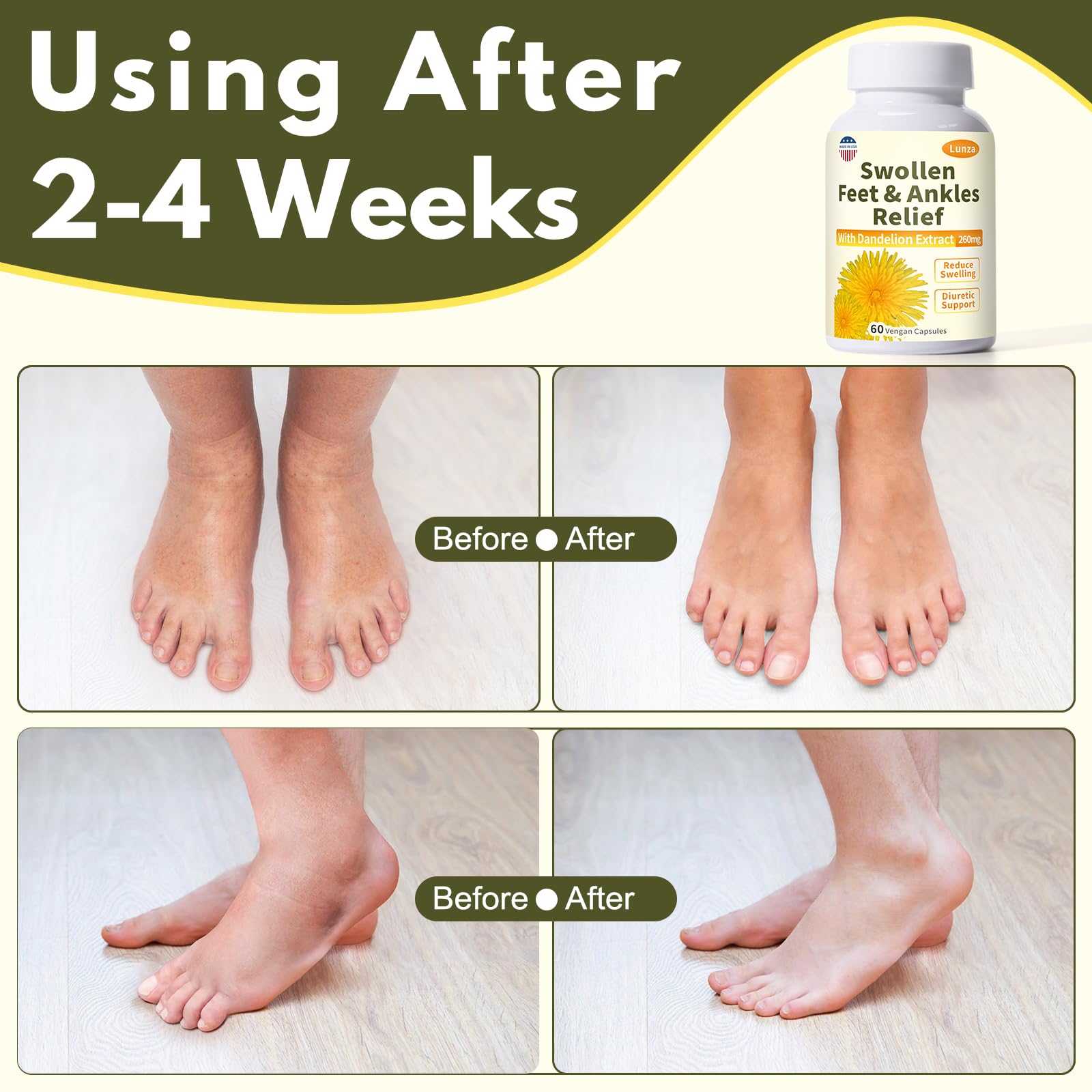 Lunza bottle pour demonstrating easy to take capsules for swelling relief