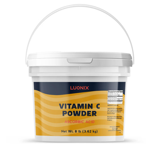 Luonix Vitamin C Powder in resealable bucket for long-term storage and freshness