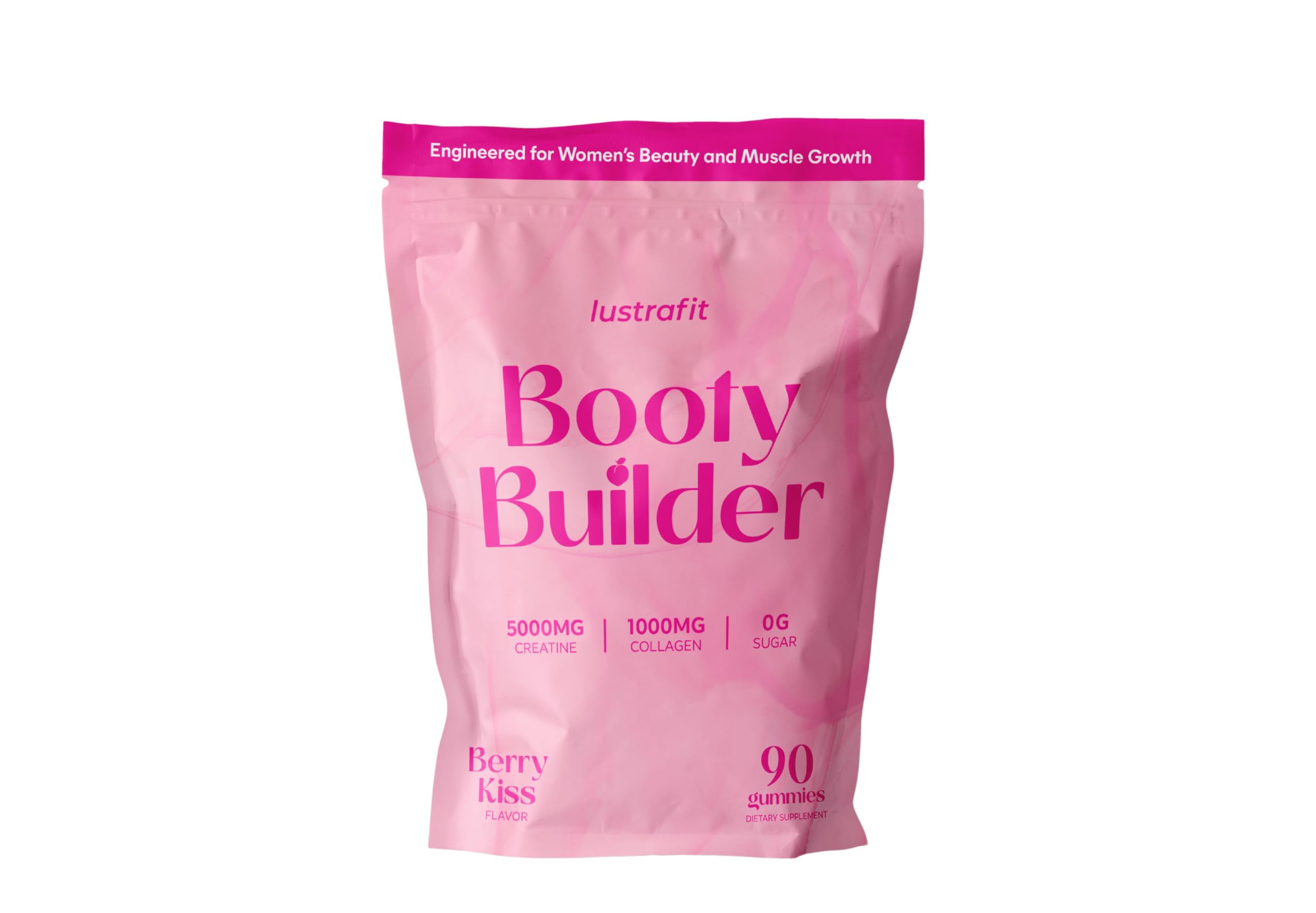 Lustrafit Booty Gummies bottle close-up showing collagen and creatine for skin and joints.