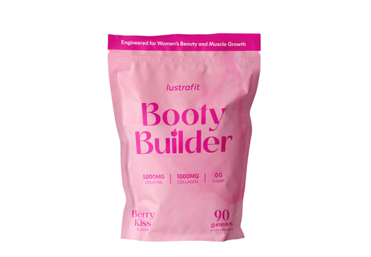 Lustrafit Booty Gummies bottle close-up showing collagen and creatine for skin and joints.