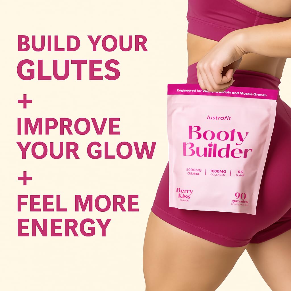 Lustrafit Booty Gummies flavor-strawberry close-up highlighting sugar-free and vegan ingredients.