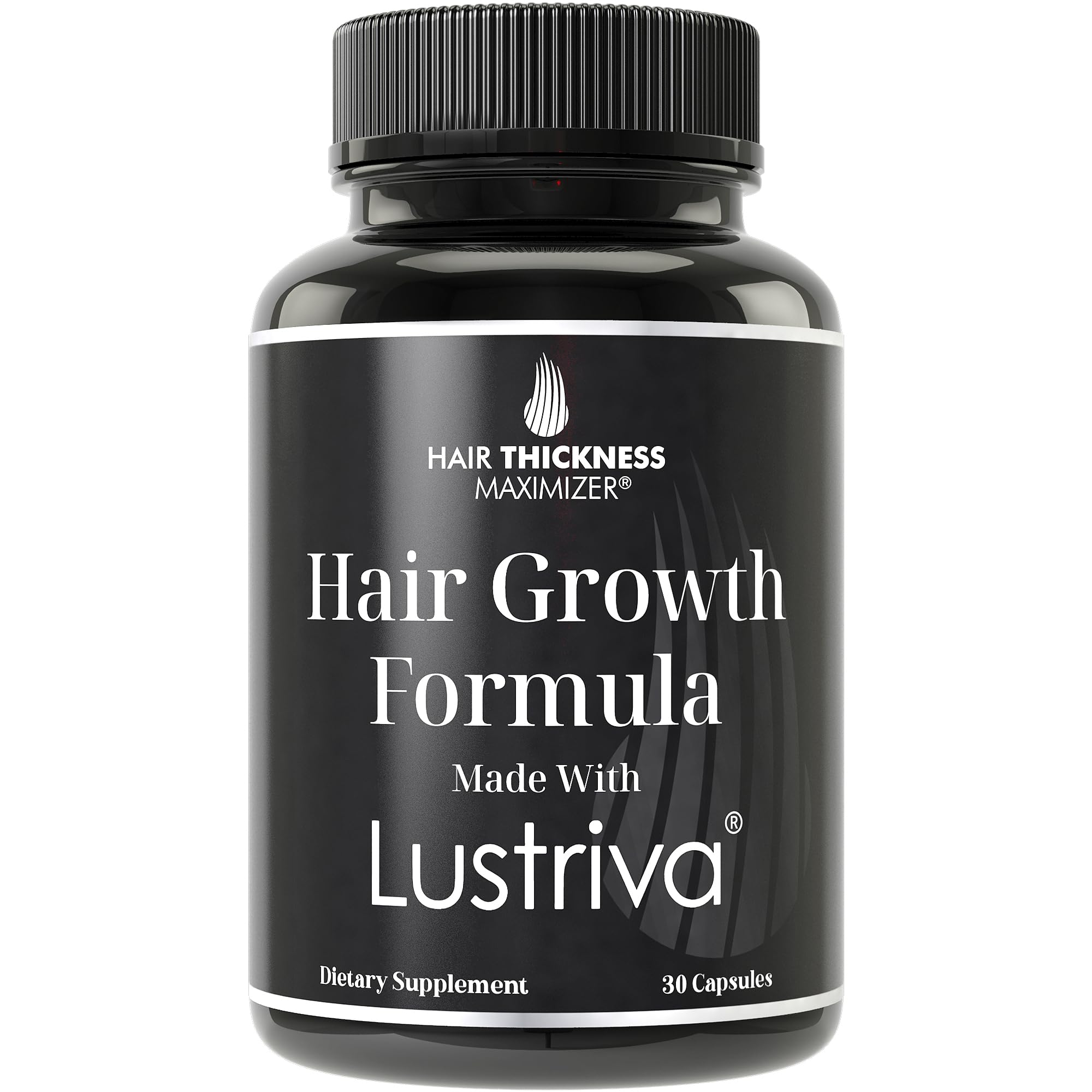 Lustriva bottle close-up, daily hair growth supplement for potential thickness.
