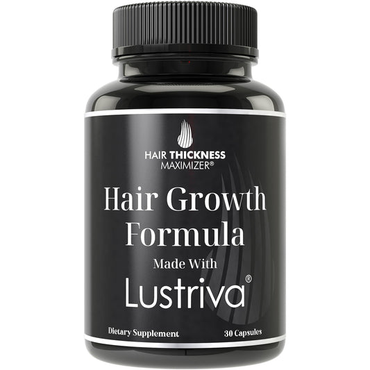 Lustriva bottle close-up, daily hair growth supplement for potential thickness.