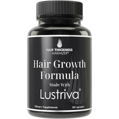 Lustriva bottle close-up, daily hair growth supplement for potential thickness.