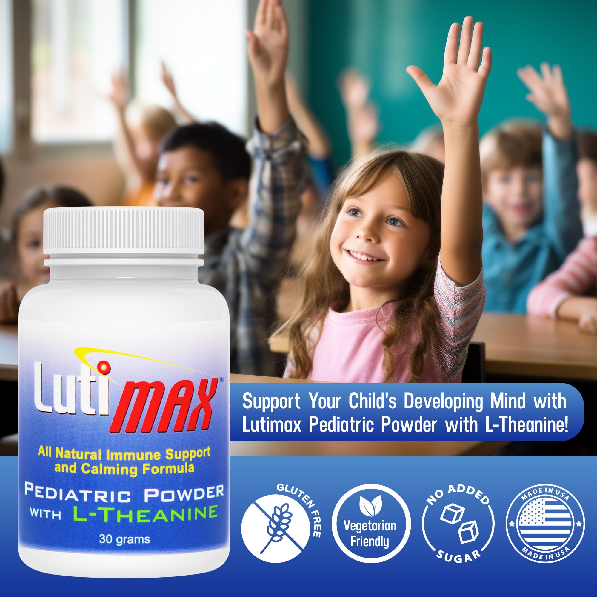 Ingredient close-up showing luteolin, rutin, and L-theanine benefits