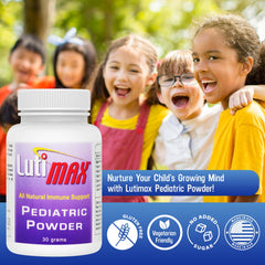 LutiMax pediatric powder packaging highlighting GMP-certified quality.