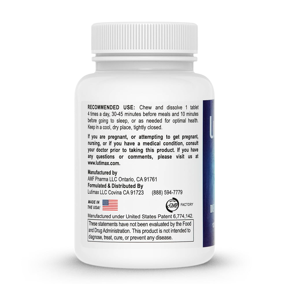 Lutimax label detail highlighting patented bioflavonoids for clarity.