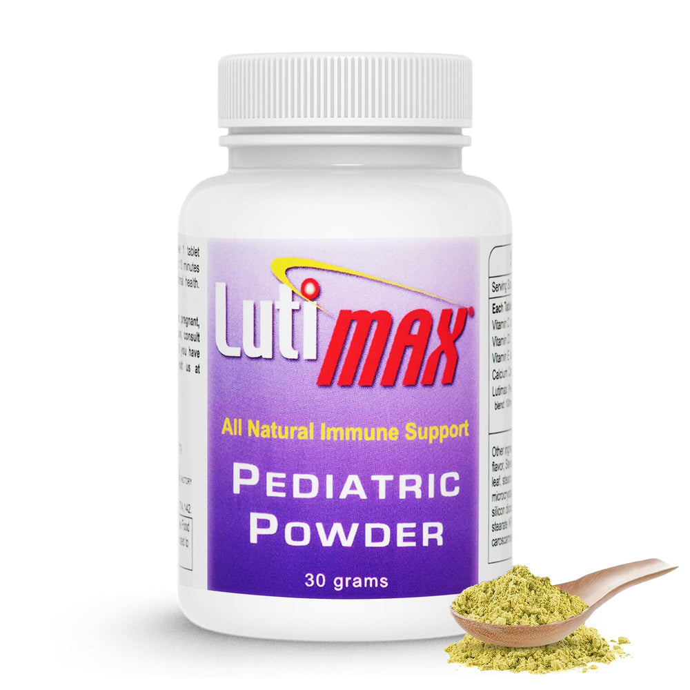 LutiMax pediatric powder unflavored bottle; easy mix into kids' drinks.