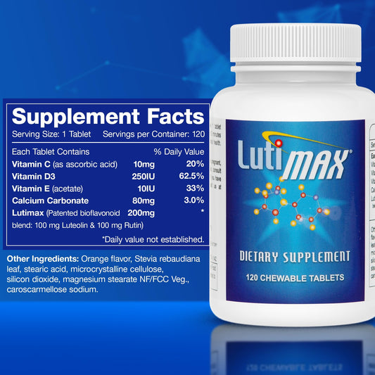 Lutimax tablets close-up showing compact capsules for daily use.