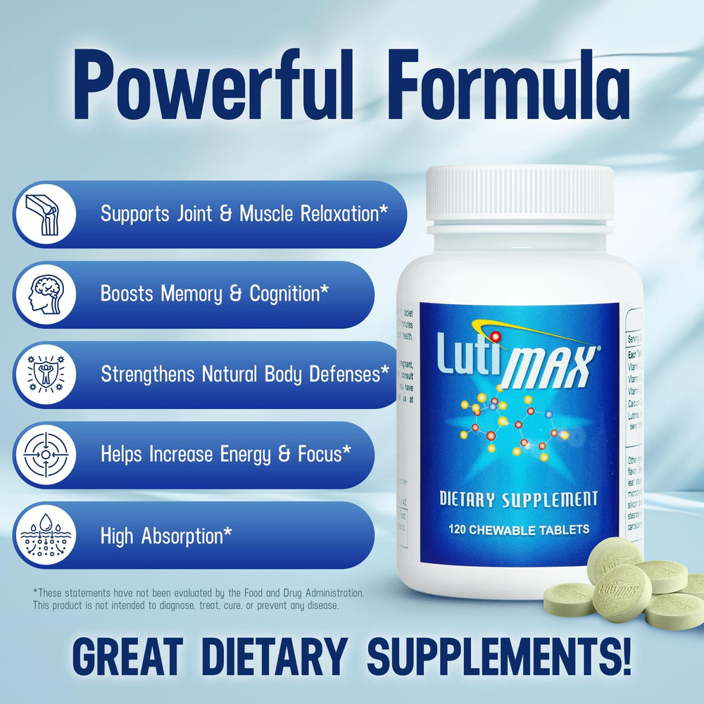 Lutimax vitamin icons illustrating vitamin C, D, and E support.