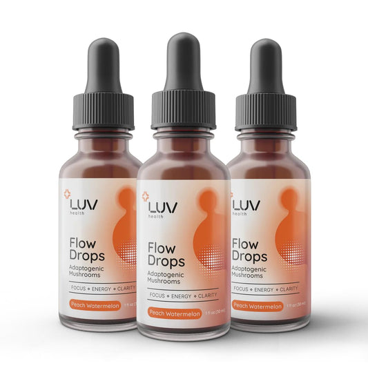 LUV health Flow Drops energy bottle pour for a quick focus boost.