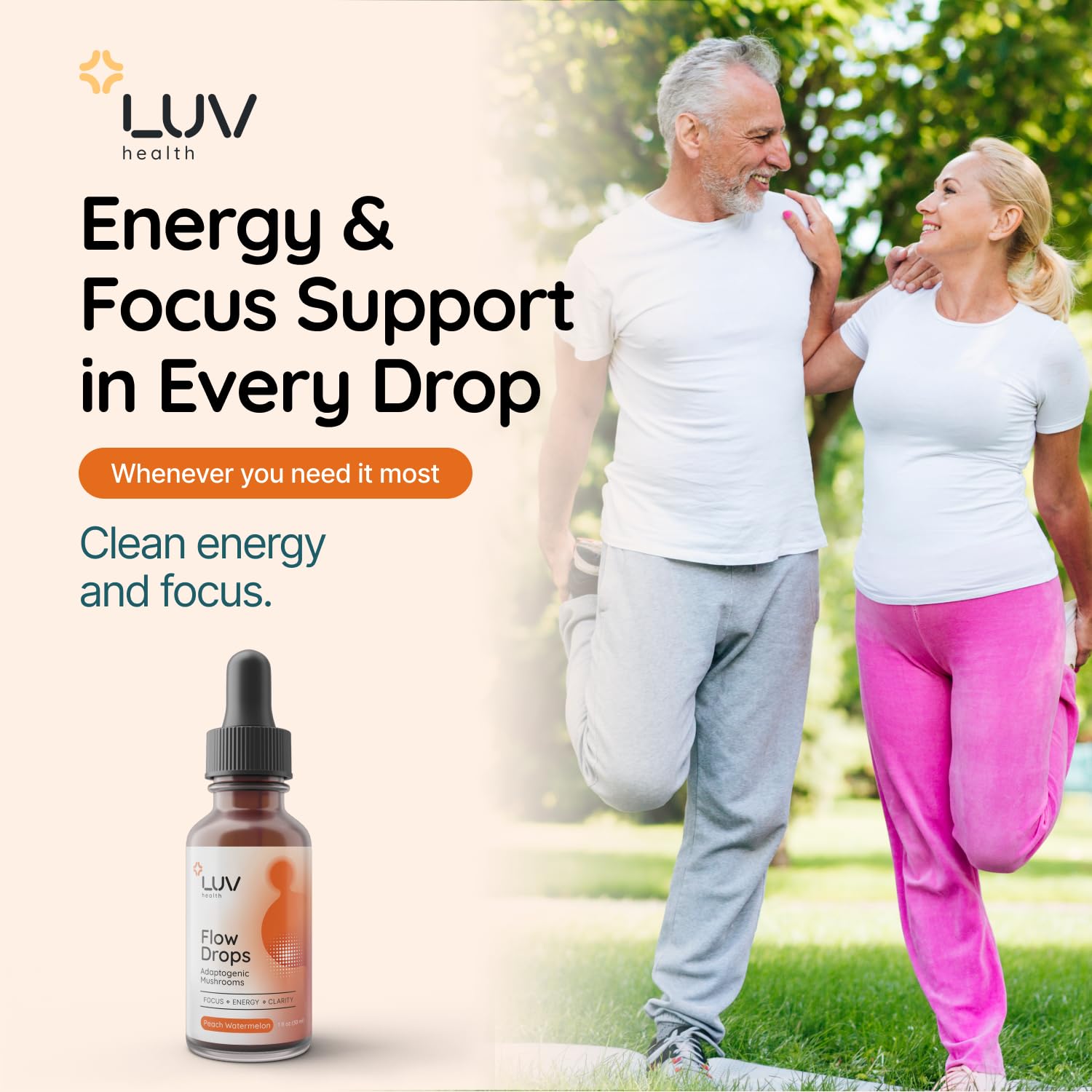 LUV health Flow Drops ingredients reveal mushrooms supporting focus and immune balance.