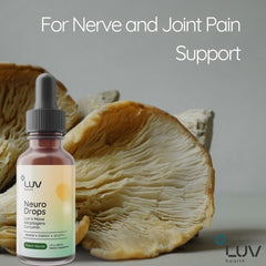 LUV health Neuro Drops label close-up shows organic certification and USA-made quality.