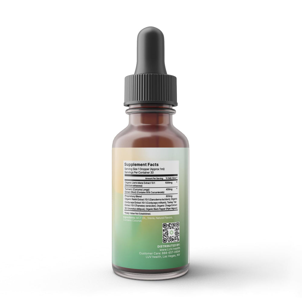 LUV health Neuro Drops label view highlighting organic ingredients.