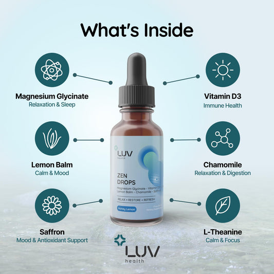 LUV Zen Drops bottle label close-up featuring ingredients and benefits.