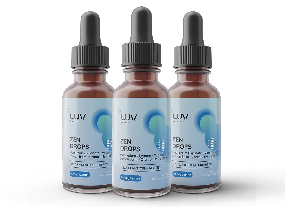 Image shows the LUV health Zen Drops bottle and label signaling calm mood support.